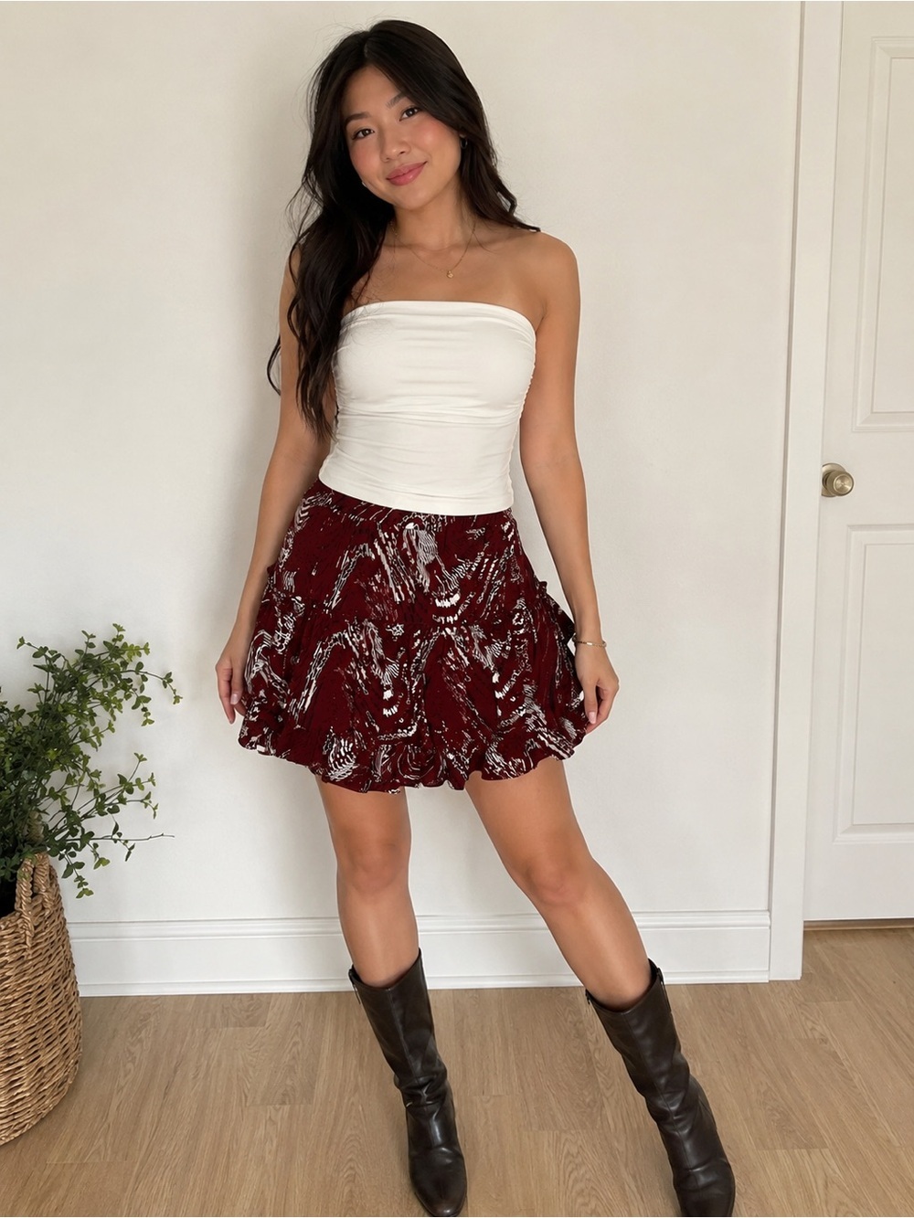 ADRIENNE Ruffled Maroon Abstract Print Mini Skirt, Large